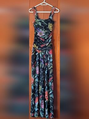 Fuzzi Black Floral Maxi Jumpsuit with Wide Elastic Straps